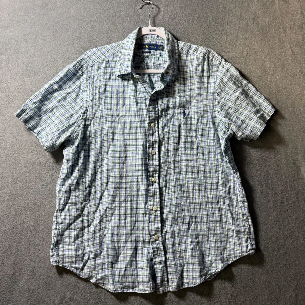 Ralph Lauren Mens Large Linen Plaid Short Sleeve Button Down Shirt Blue Green